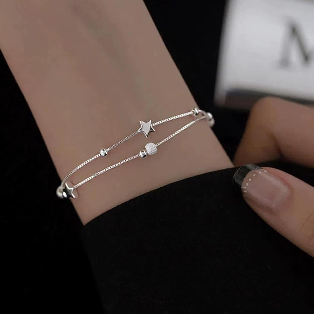 925 Sterling Silver Layered Heart Beaded Bracelets for Women and Teens | Fashion Link Chain Bracelet | Great Jewelry Gift
