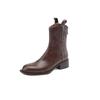 Brown Soft Leather Coarse Heel Western Cowboy Boots Women's Autumn and Winter New Medium Heel Medium Boots Boots Fleece Fashion Boots