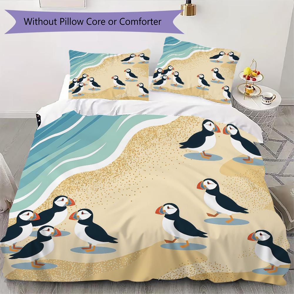 Strandpapageitaucher Muster Bettwäsche Steppdecken-Set Steppdecke Kissenbezug Heimdekoration Geburtstagsgeschenk (1 * Bettbezug + 2 * Kissenbezug ohne Füllung) 200x200cm