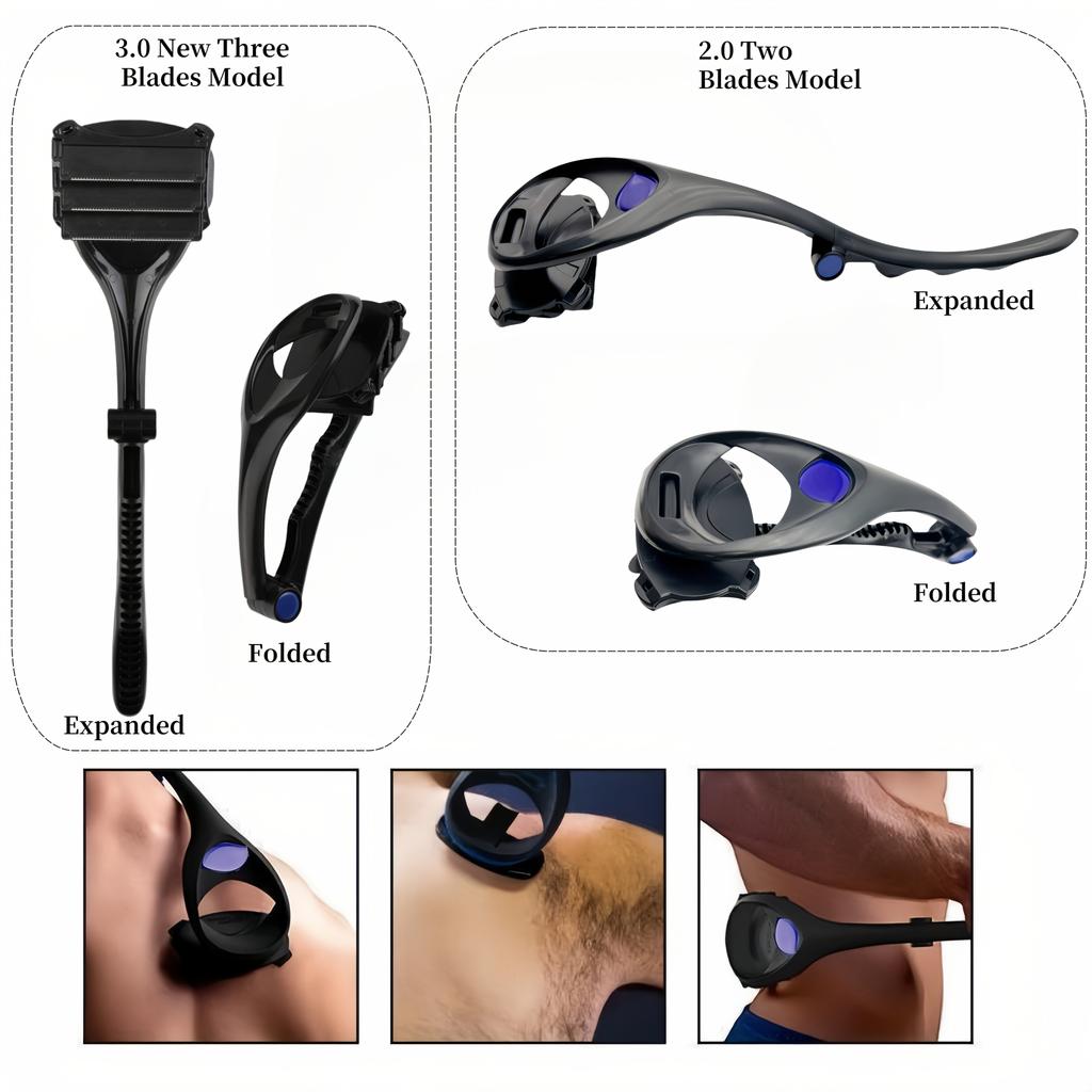 1 Set Manual Razor with Foldable Long Handle - Double/Triple Blade, Integrated Exfoliating Shaving Head, Back & Full-Body Hair Removal for Chest