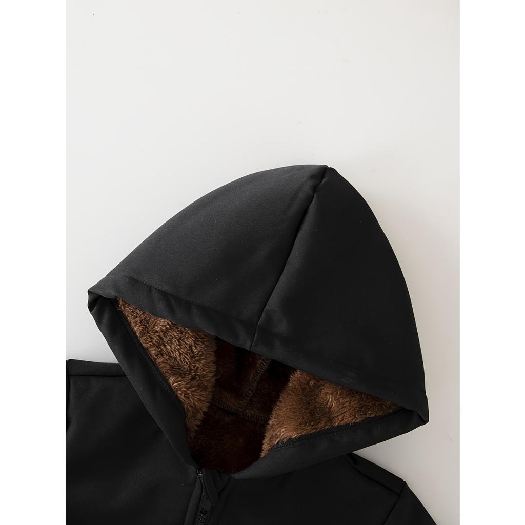 Chłopięca jesienno-zimowa kurtka kompozytowa z kapturem zapinana na zamek, z podszewką polarową