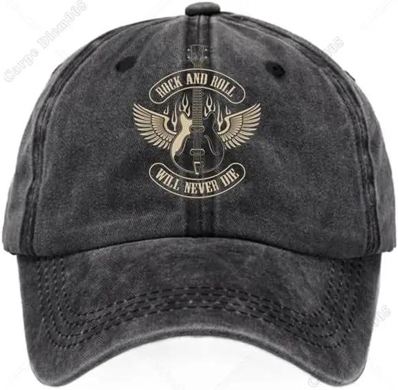 Rock And Roll Will Never Die Guitar Print Denim Hat Baseball Caps For Unisex Women Adjustable Unisex Cowboy Hats One Size