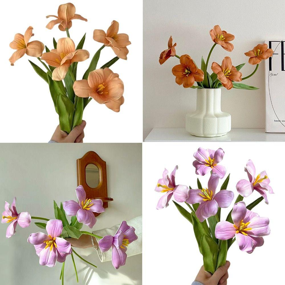 5pcs Large Petal PU Simulation Flower Soft Fake Flowering Design Tulip Artificial Flower Brownie Tulip Flower Blooming Opening