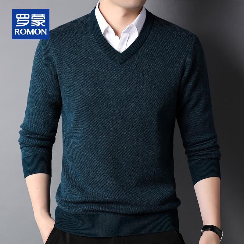 ROMON Men's 100% Pure Wool V-Neck Thickened Striped Knit Sweater