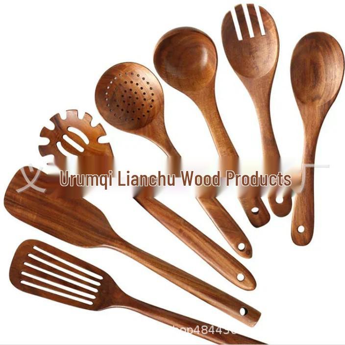 Teak Non-Stick Long-Handle Solid Wood Pan and Acacia Wood Kitchenware Set