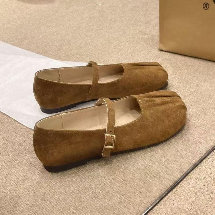 One Word with Doudou Shoes Round Head Shallow Mouth with Skirt Flat-soled Single Shoes 2025 New Retro Suede Mary Jane Shoes Women