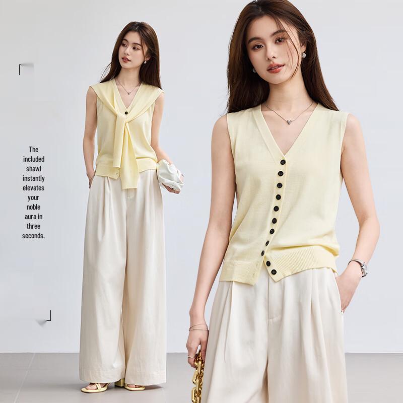 VICTORIA&VERA Women's Detachable Shawl Sleeveless Ice Silk Knit Top