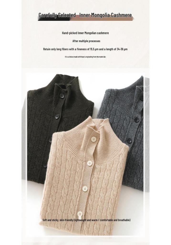 Korean Style High Neck Cable Knit Cashmere Cardigan Vest - Women's Loose Fit Slimming Top