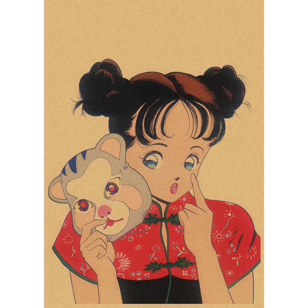 Sakura Diaries Retro Kraftpapier Manga Illustration Wandkunst