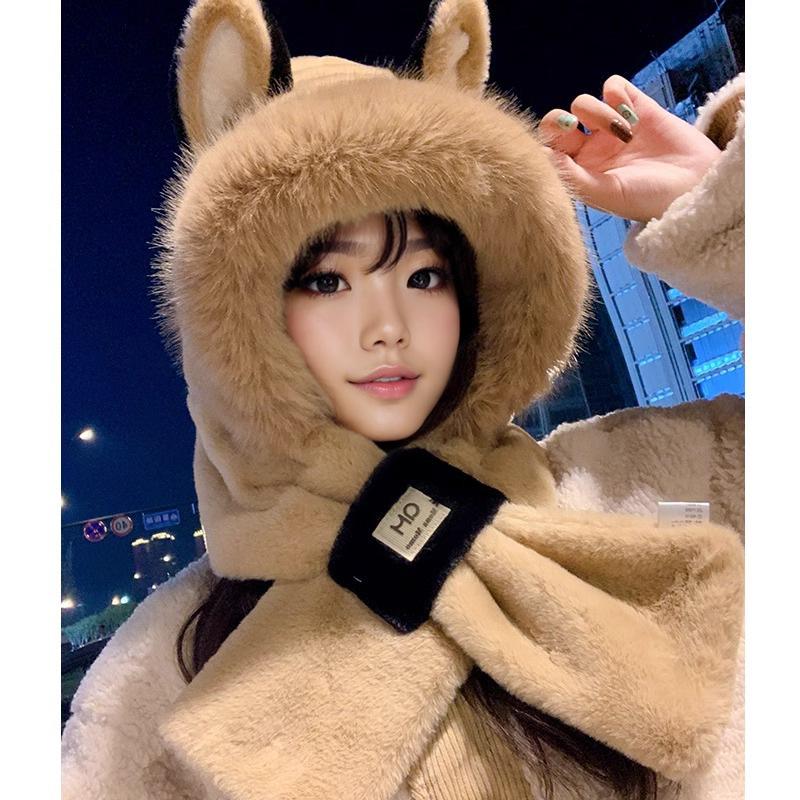 Cute Bear Hat Gloves Three In One Scarf Plush Hat for Women In Winter Riding Easy Outdoor High End Warm Hat