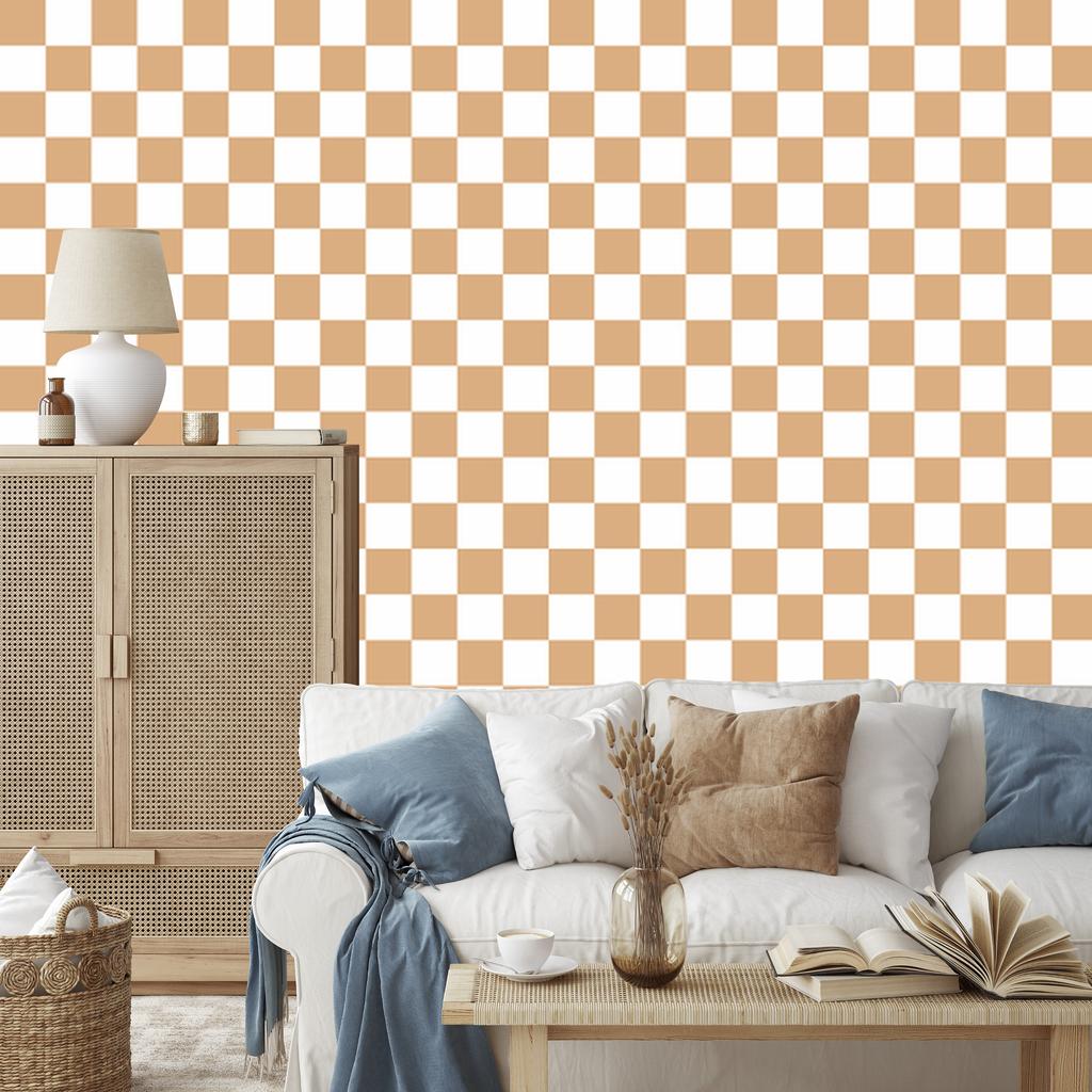 Checkerboard wallpaper white and gold, cream background for living room and bedroom 50x1000