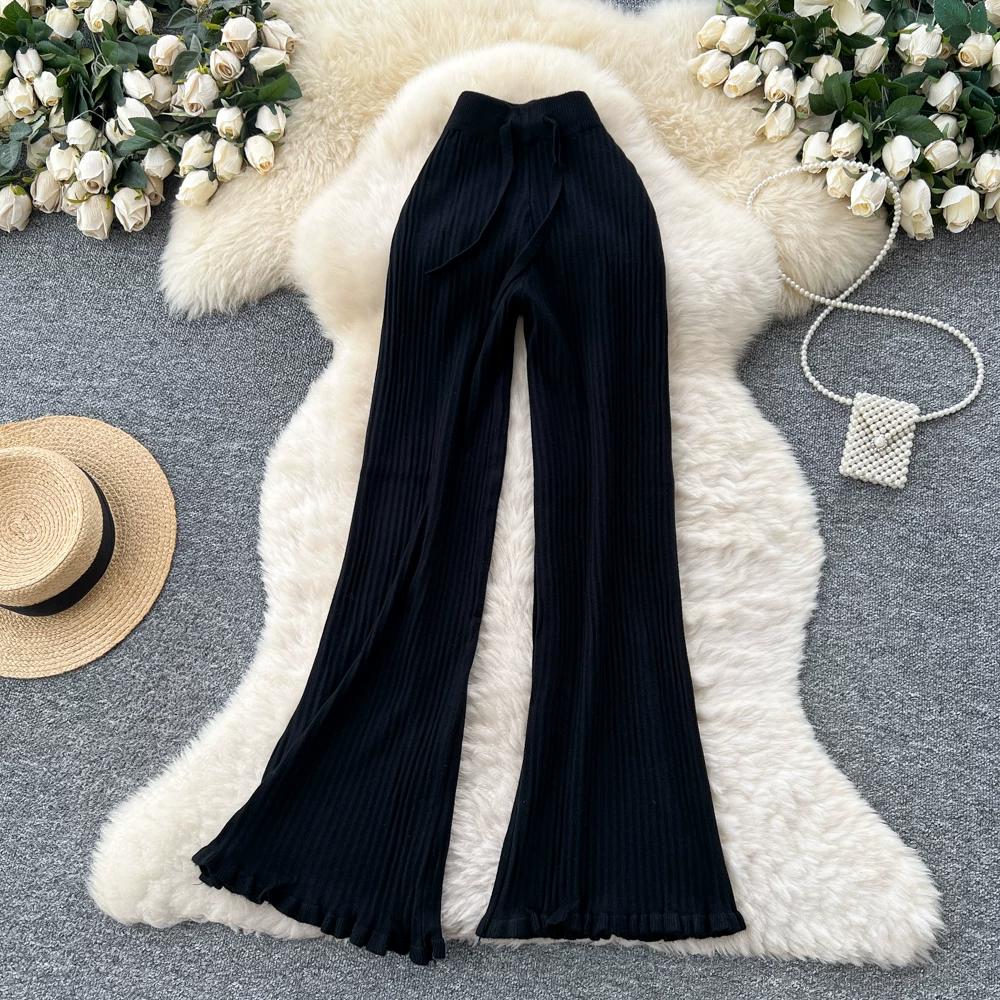 Herbst Winter Damen Lässiger Stil Gestrickter Pullover Kordelzug Weites Bein Hausanzug Hose