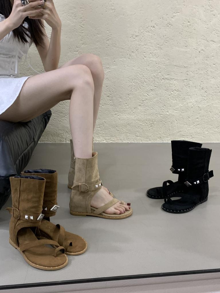 2025 European and American New Fashion Inner Height Increase 5.5CM Toe Sandals Slope Heel Roman Women's Rivets Casual Cool Boots