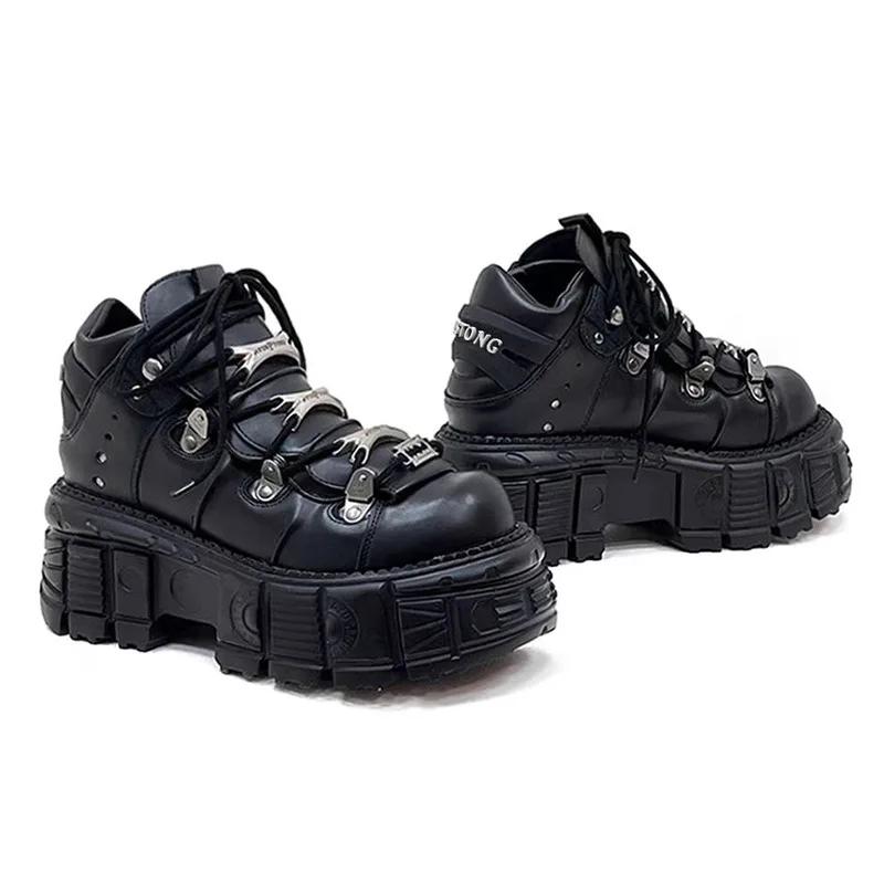 Punk Style Women Black Shoes Rock Metal Decor Lace-up Heel Height Platform Shoes Gothic Man Sneakers Women Ankle Boots
