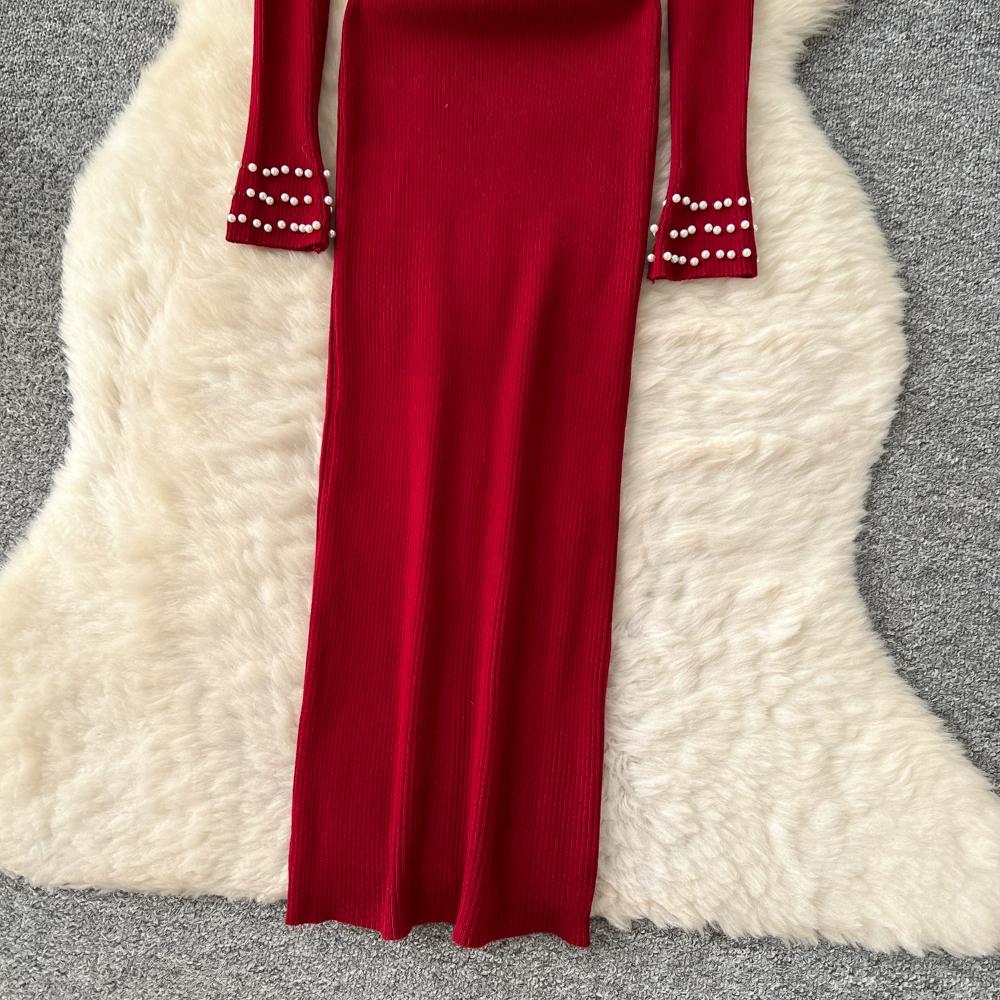 Autumn Spring Women Elegant O-neck Full Sleeve Beading Knitted Sweater Party Long Midi Pullover Dresses