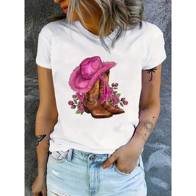 Camiseta feminina estampada de cowboy e floral, camiseta de algodão para o verão, camiseta feminina grande, manga curta solta, camiseta com estampa