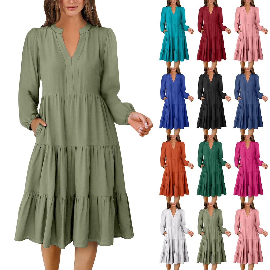 Women's V-Neck Flowing Layered Bohemian Long-sleeved Solid Colour Dress