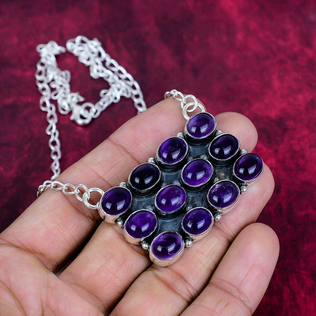 Amethyst Handmade Gemstone Necklace, 925 Solid Sterling Silver Necklace Antique Jewelry, For Engagement Gift