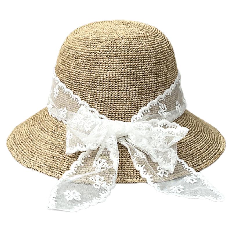 Sweet Lace Bow Streamer Straw Hat Women Spring Summer Thin Raffia Straw Bucket Hat Travel Vacation Visor