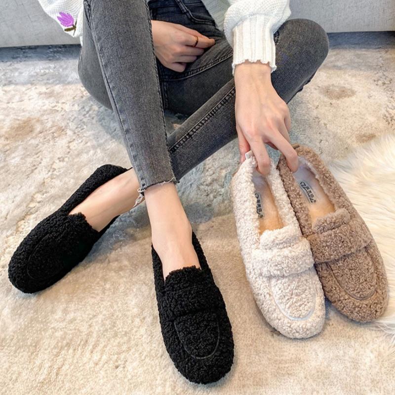 Fashion 2025 Winter New Lady Flat Outside Wearing Warm Cotton Shoes Comfy Velvet Lazy Loafers Thick Soled Big Size Shoes Mujer Zapatos