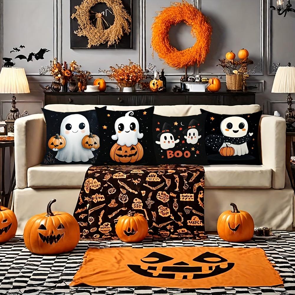 4pcs Halloween Throw Pillow Covers, Warm & Cozy, Black with Ghost & Pumpkin Print, Zippered, Machine Washable