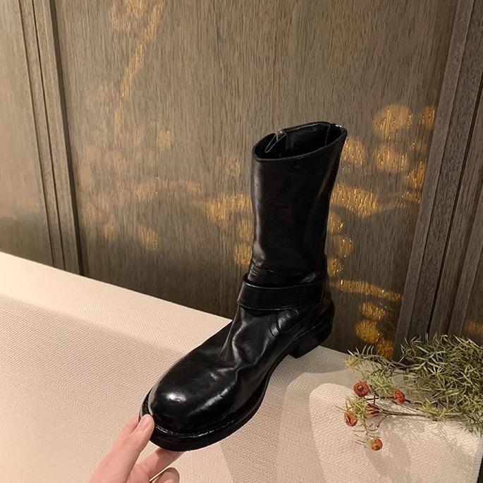 

Виноградная мать того же стиля модные двойные пряжки с выделанной кожей кожа конская кожа ретро круглый носок толстый каблук короткие ботинки ботинки Мартин женские 40 чёрный