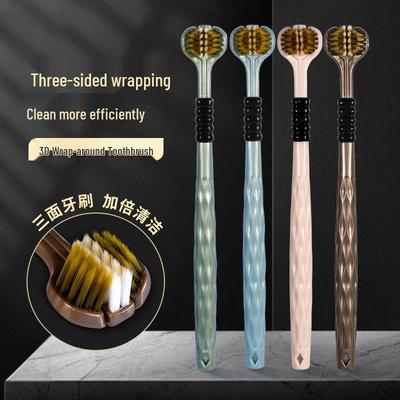 Tri-Head Soft & Hard Bristle Adult Toothbrush with 3D Tongue Scraper