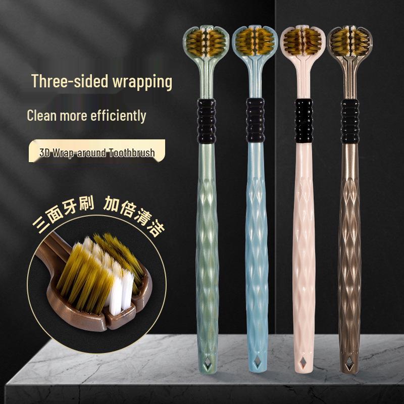 Tri-Head Soft & Hard Bristle Adult Toothbrush with 3D Tongue Scraper