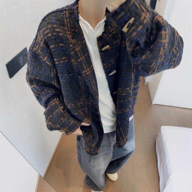 Vintage Tweed Woven Jacket Men - Casual Winter Outerwear Loose Fit Plaid