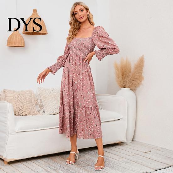 Women Dress Long Sleeves Flower Print A-line Square Neck Midi Casual Elastic Bust Backless Patchwork Hem Pleated Spring Fall Chiffon Outfit