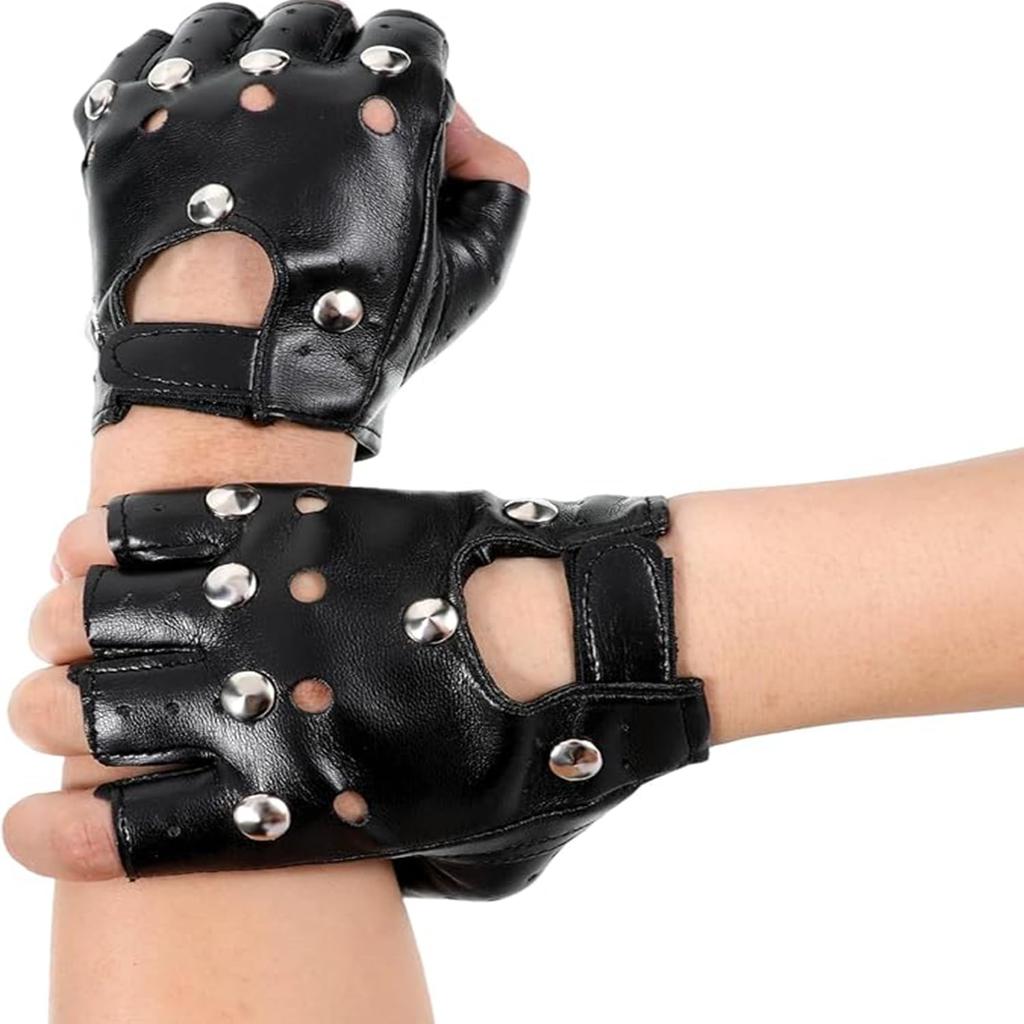 JooBsoso Fingerlose Handschuhe, Lederhandschuhe mit Nieten, Halbfinger, Fingerlos, PU-Leder, Einheitsgröße für die meisten Hände, Schwarz mit Nieten, Perfekt für Tanz,