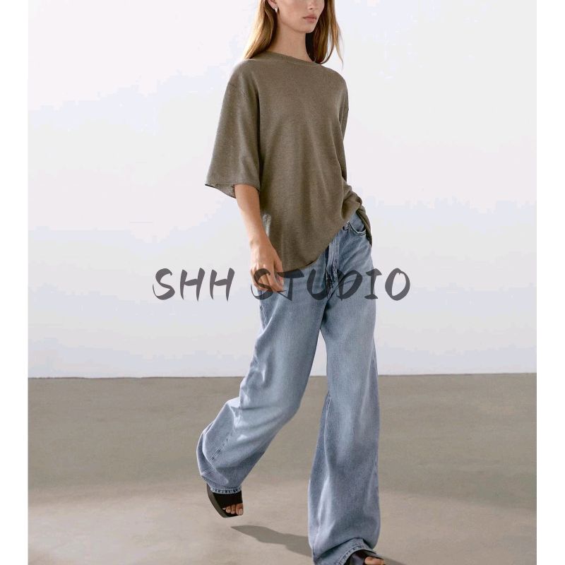 MD Summer New Arrival Women's Clothing Casual Loose Linen Blended Loose round Neck Short Sleeve Knitwear 5610648