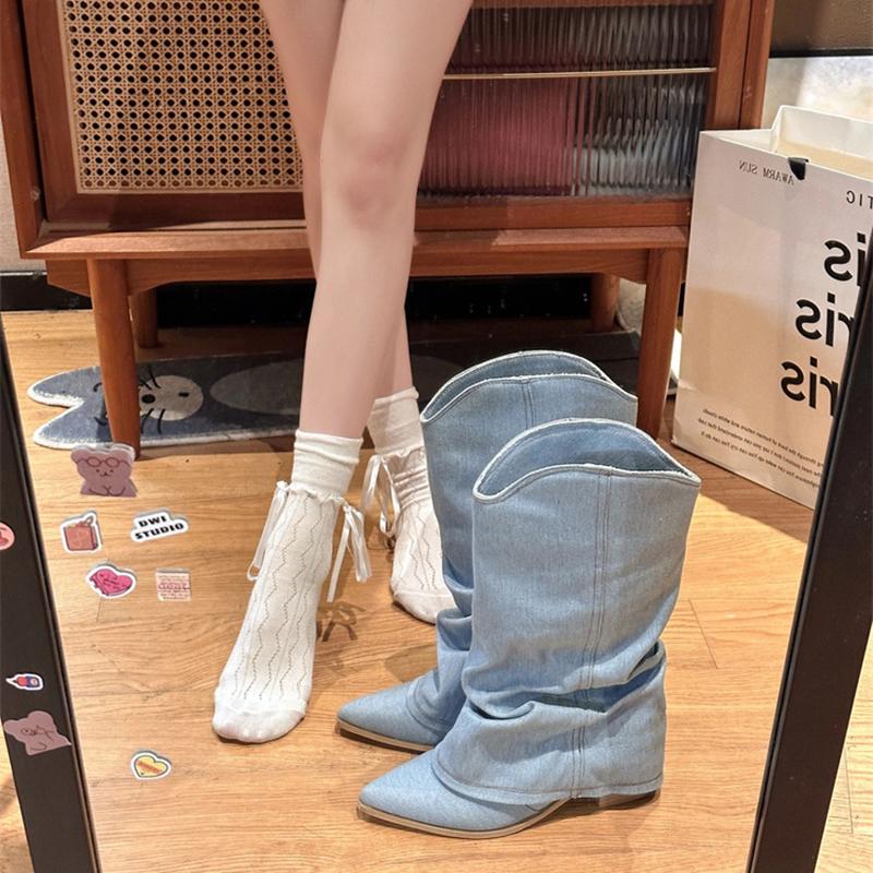 Fashion Denim Women Western Cowboy Boots Fashion Platform Height Increase Ankle Booties Autumn Winter Shoes Zapatos De Mujer