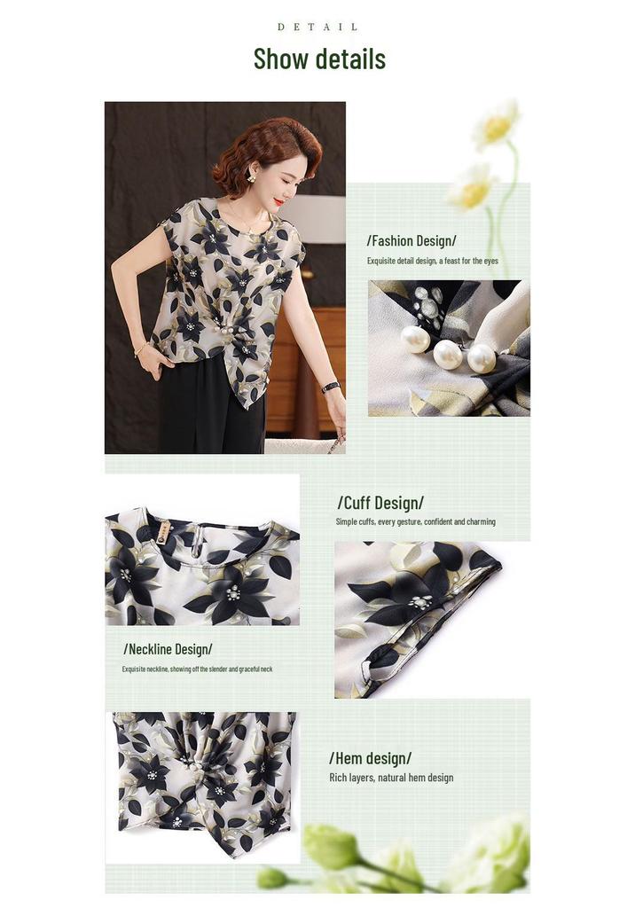 Mom's 2026 Summer Chiffon Floral Blouse - Elegant Short-Sleeved Top for Middle-Aged Women