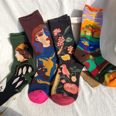 Vintage College-style Oil Painting Creative Color Men's Socks, Autumn Women's Mid-calf Socks