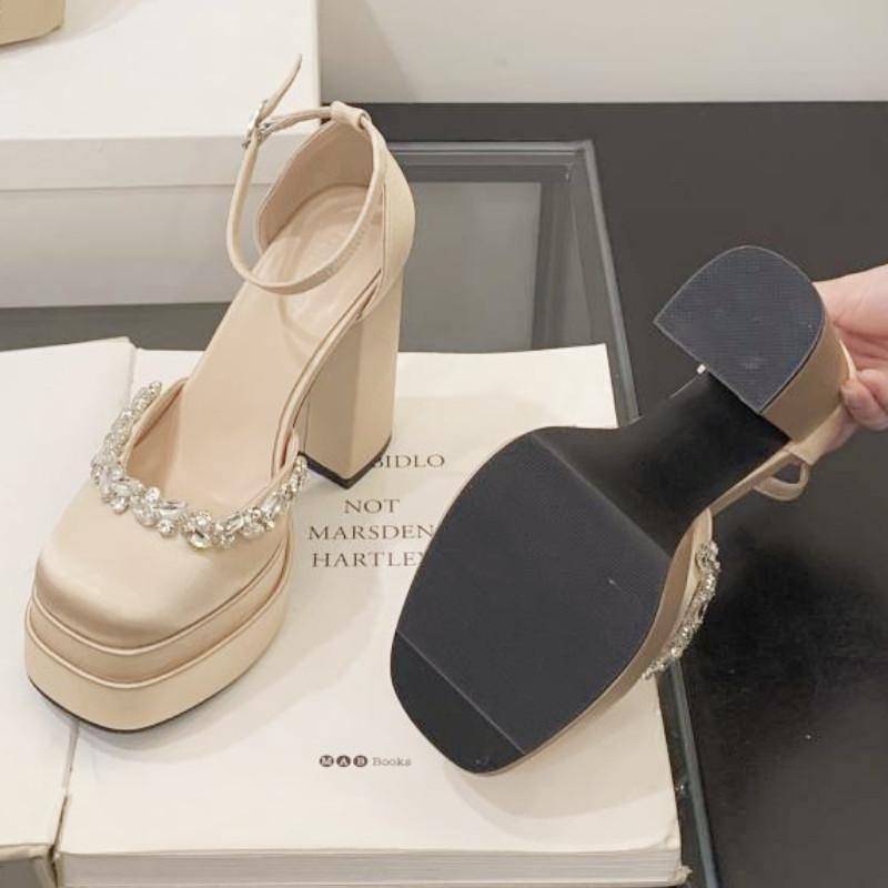 Fashion Luxury Rhinestone Satin Women Sandals Waterproof Double Platform Heeled Shoes Woman 12 Cm Super High Heel Party Prom Women Shoes