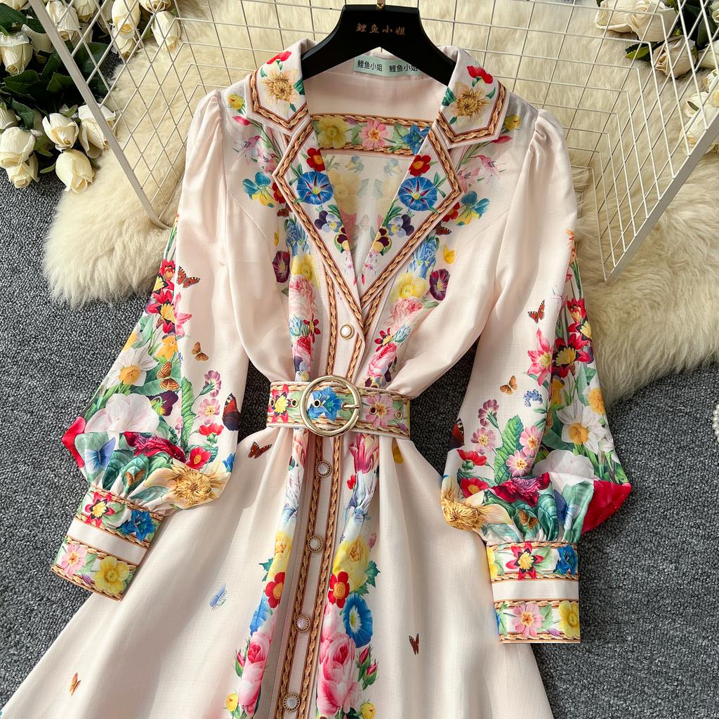 France Elegant Vintage Luxury Evening Dress Women Print  Button Long Party Dress Female Casual Chic Holiday Clothing
