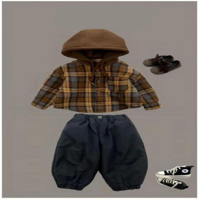 Children's Hooded Jacket Winter Men's Women's Baby Velvet Thick Trousers Two Piece Suit