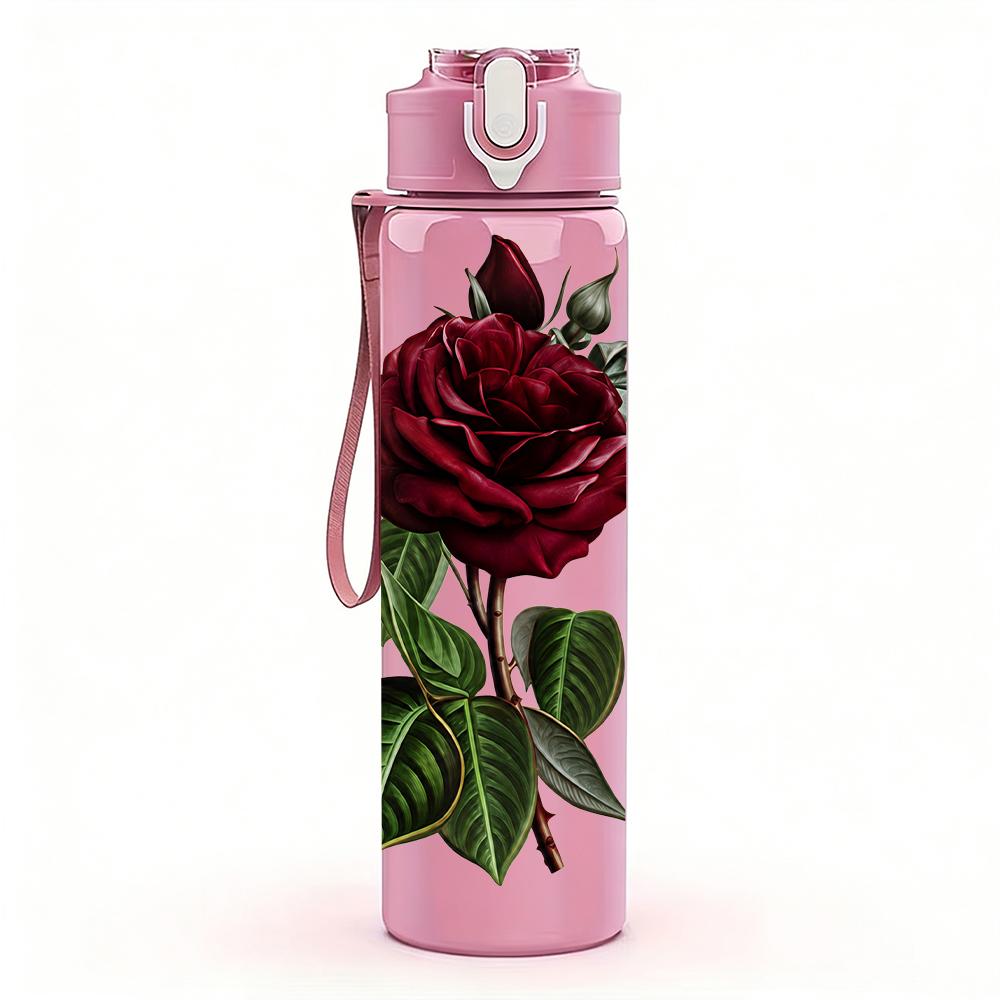 1PC Deep Red Watercolor Rose Graphic,750ml Color Plastic Sports Water Bottle,Leakproof Flip Straw Lid,Suitable for Sports Office Home Use