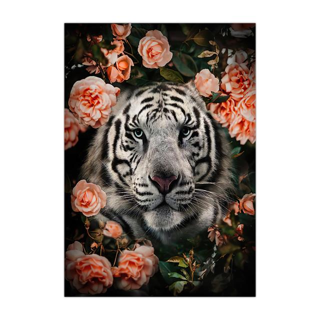 Flower with Animal Lion Tiger Deer Leopard Canvas Painting Wall Art Picture Nordic Print Poster for Living Room Home Decor No Frame