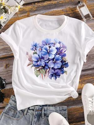 (Asian Size) Women Flower Watercolor Trend Cute 90s Short Sleeve Fashion Tee Top Clothing Print Lady Casual Tshirt Female Graphic T-shirts