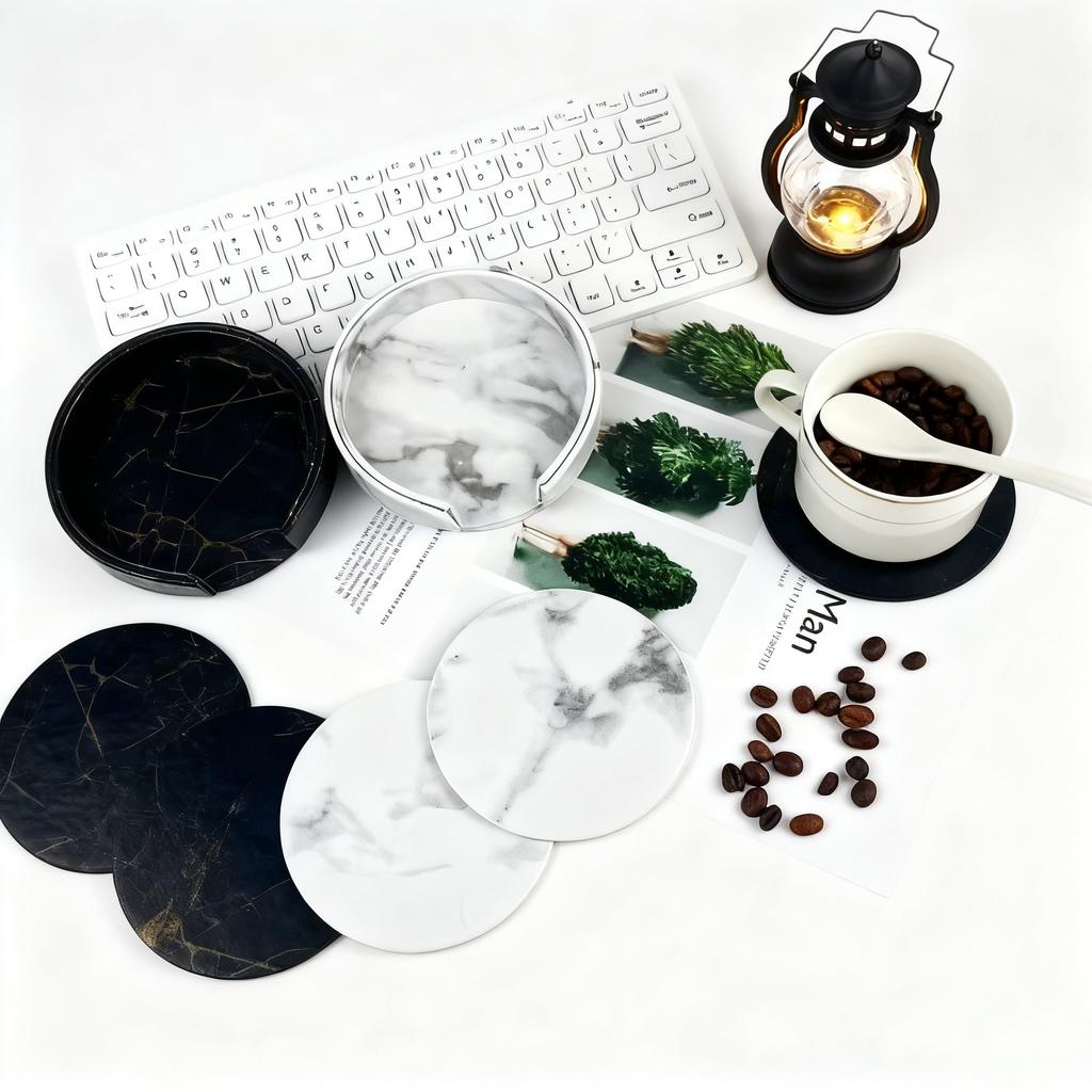 6PCS/Set 10cm Leather Marble Coaster Drink Coffee Cup Mat Table Placemats Round Heat-resistant Tea Pad Table Pad Holder Coaster