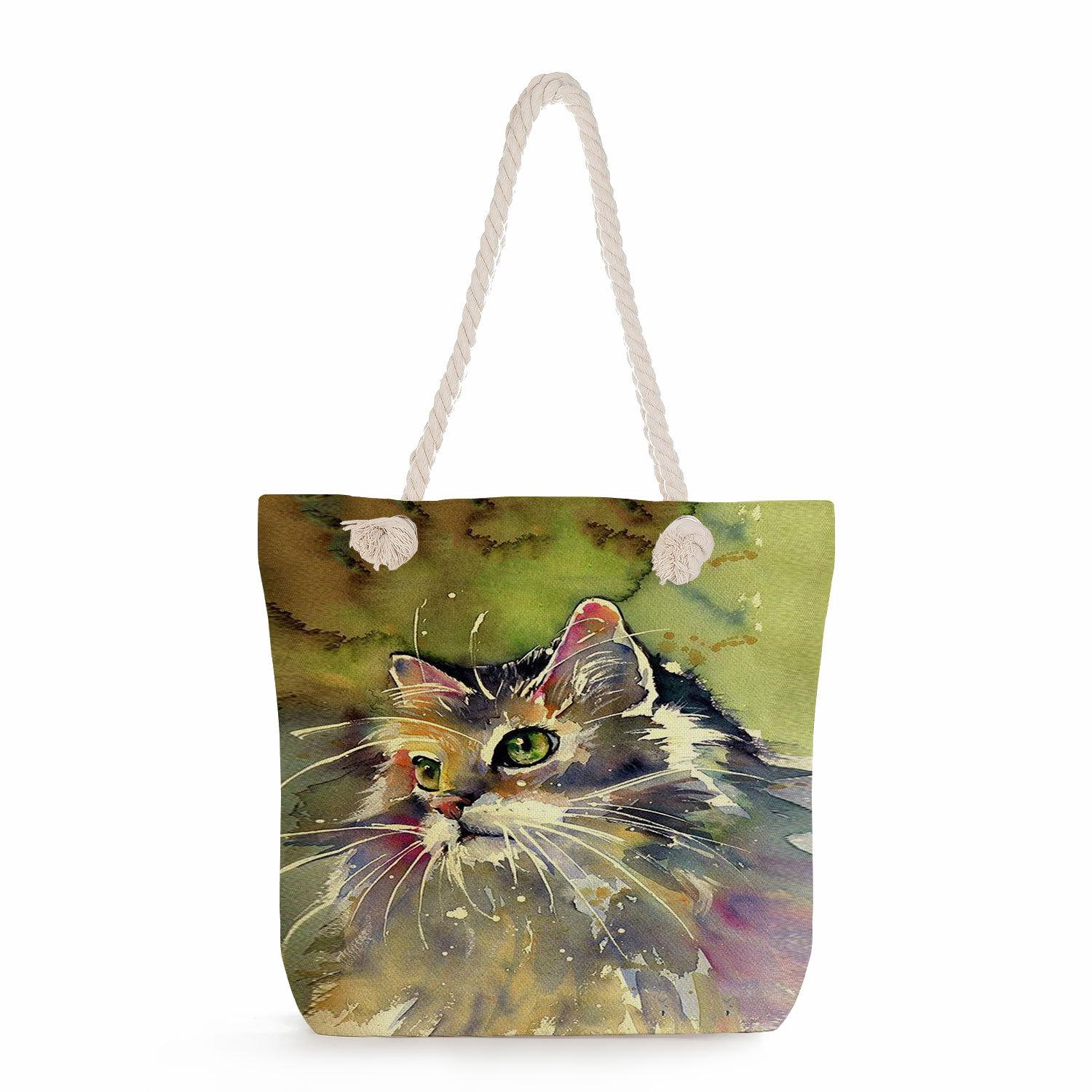 Multifunctional Oil Painting Cat Printed Thick Rope Shoulder Beach Bag Casual large capacity handbag 7606