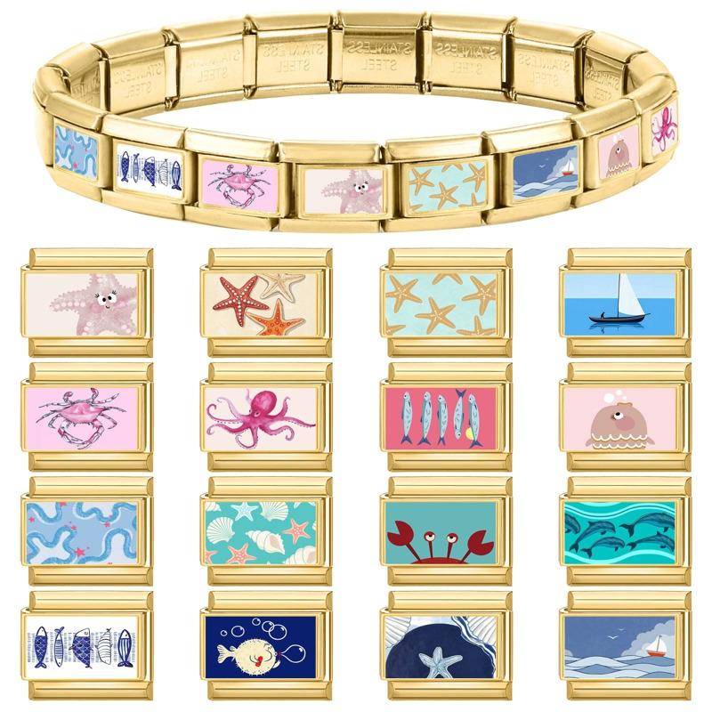 Fashion Sea Series Starfish Shell Crab Conch Fish Y2K Italian Charm Links Fit 9mm Stainless Steel Bracelet DIY Making Jewelry