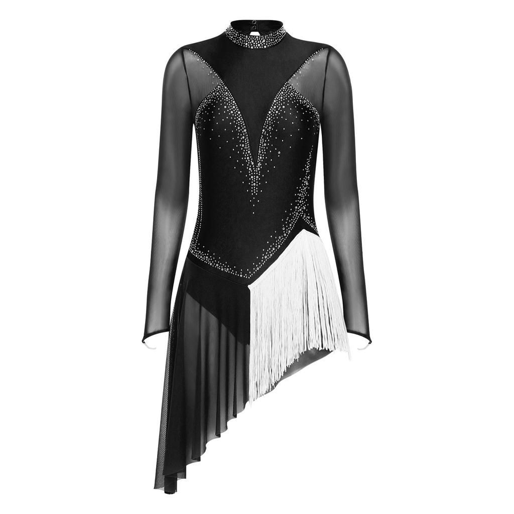 Womens Long Sleeve Skating Dress Sparkle Rhinestone Backless Irregular Hem Side Fringe Leotard Gymnastics Costume
