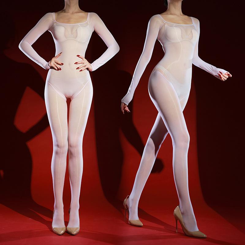 Women Sexy Full Body Stockings High Fork Seamless Square Neck Jumpsuit 5d Ultra-Thin Oil Shiny Pantyhose Transparent Tights