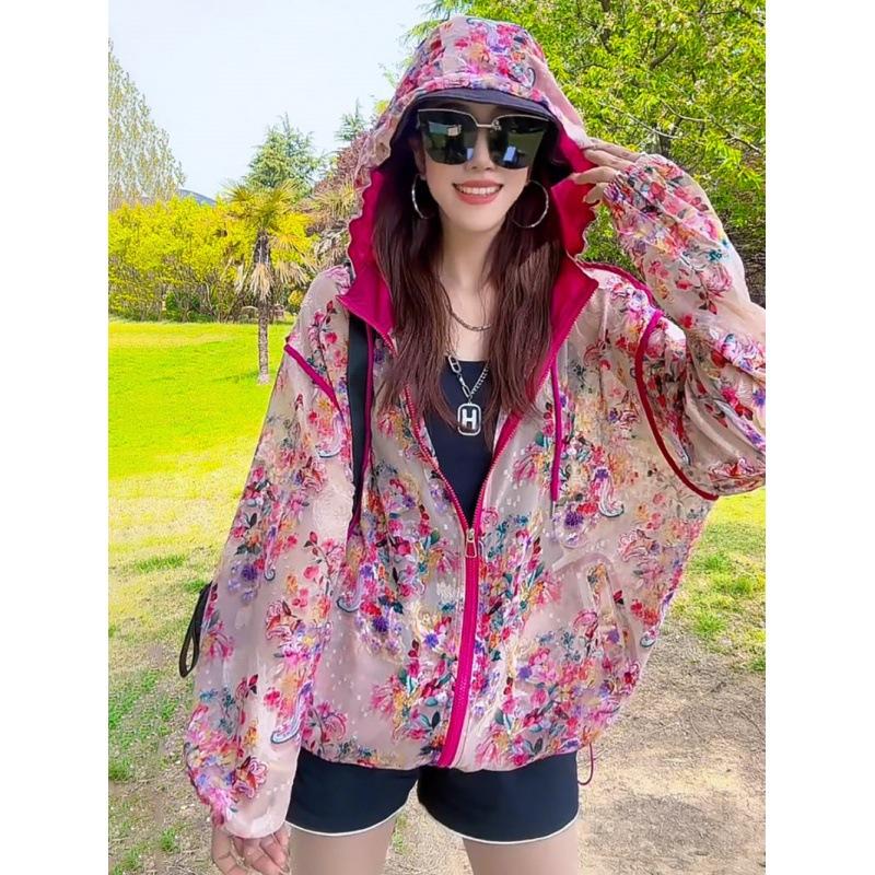 

Summer Ice Silk Hooded Sunscreen Jacket for Women Loose and Thin Floral Embroidered Open Top Casual Versatile Coat XL