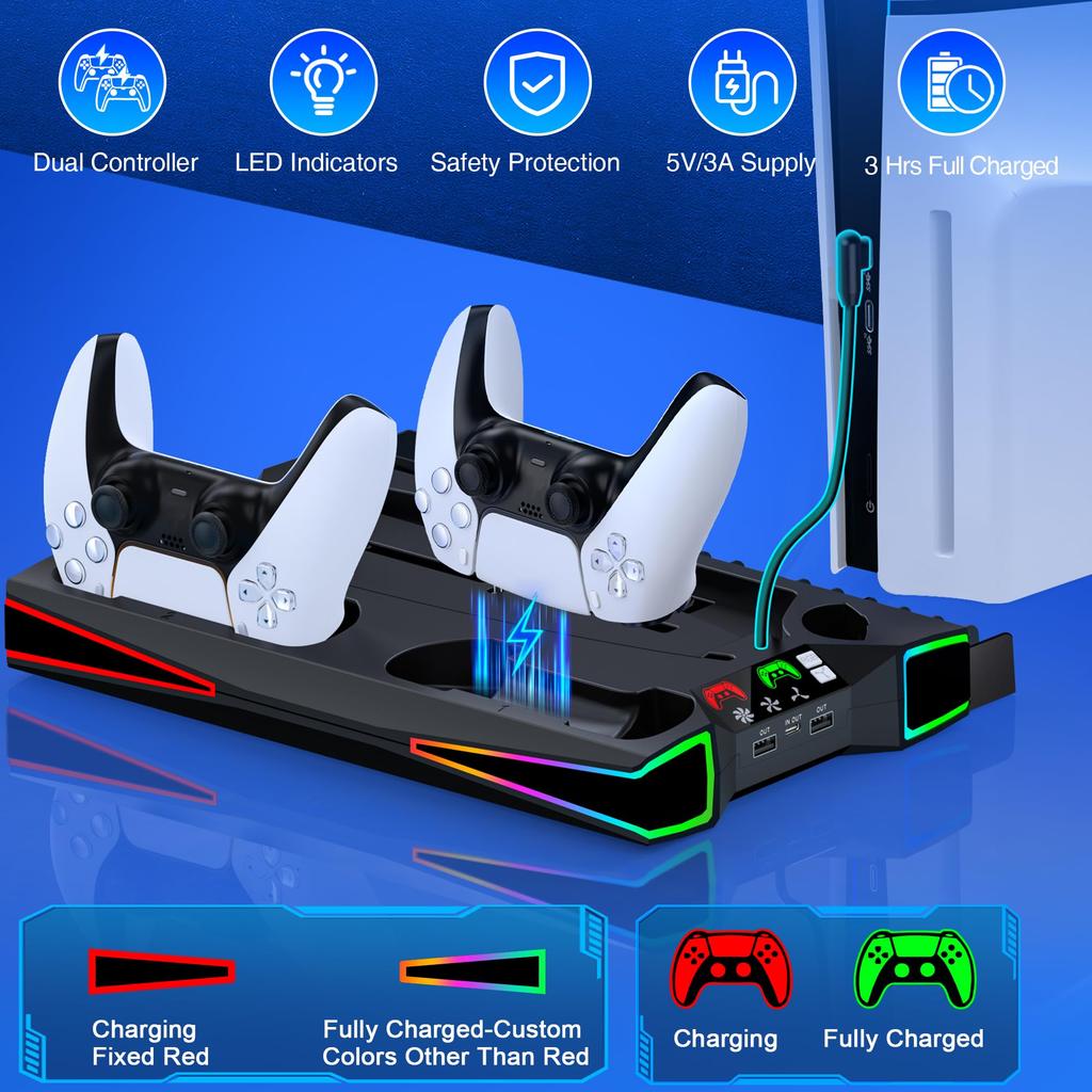 PS5 Slim Stand with RGB Vertical Stand for PS5 Slim Charging Stand for Slim Charging Two Controllers Compatible with PS5 Discs and Digital Cooling