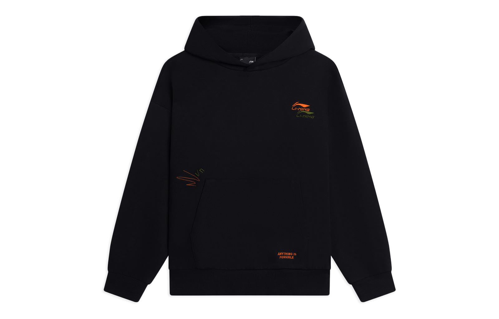 Li Ning Sports Life Collection Logo Print Fleece Lined Thermal Hooded Long Sleeved Sweatshirt Unisex Black AWDSF73-9 S