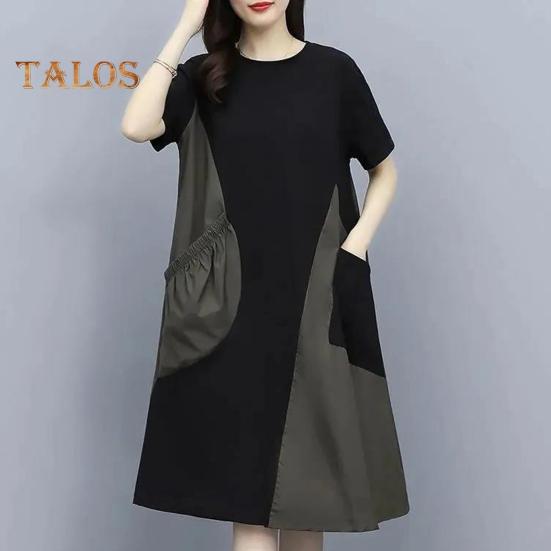 Women Midi Dress Round Neck Short Sleeve Loose Fit Summer Dress with Pockets Patchwork Color Lightweight Casual Dress